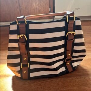 Striped Black and White Tote Bag with Brown Accents